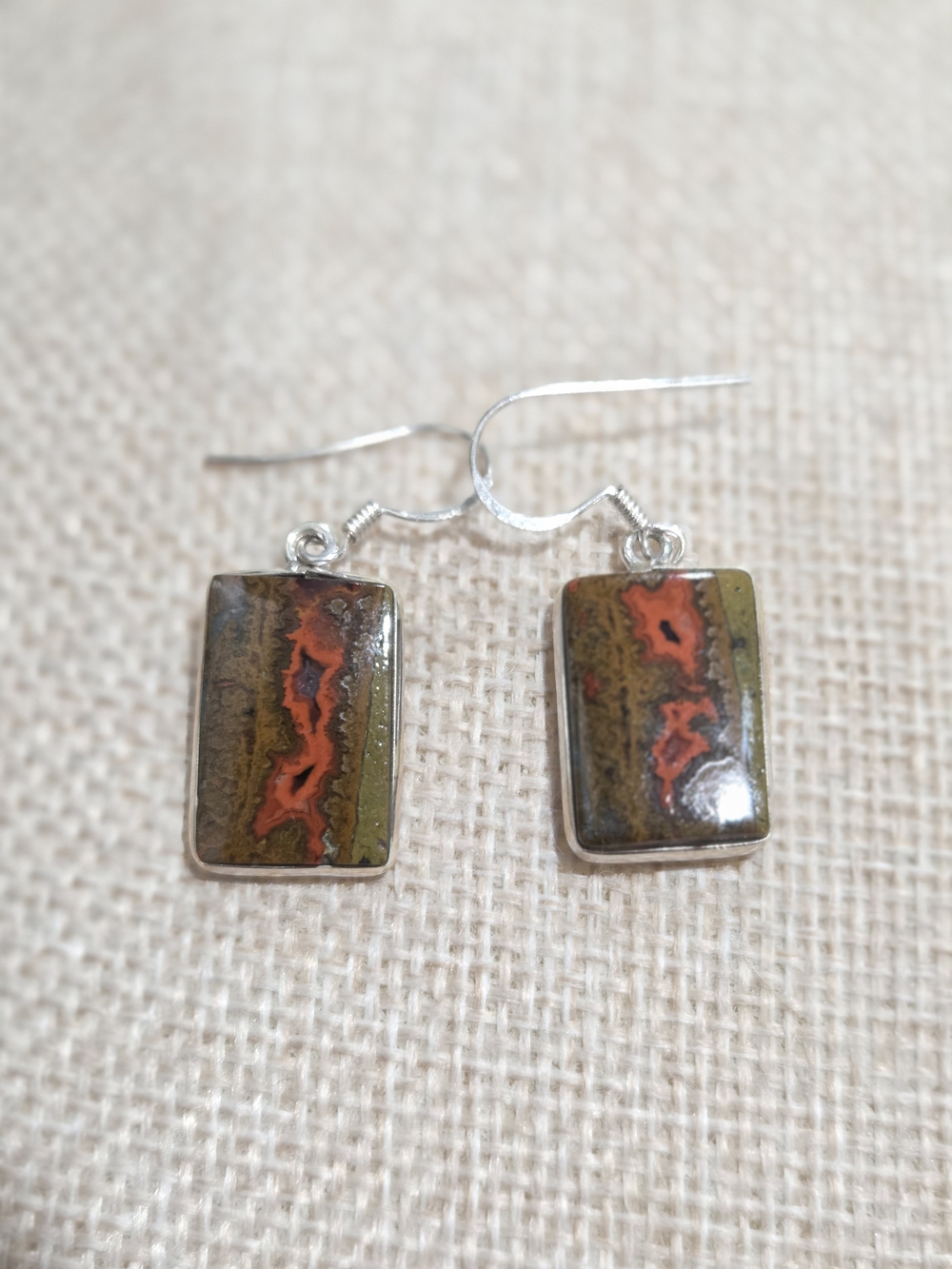 Silver Drop Earrings with Olive Green and Burnt Orange Inlay